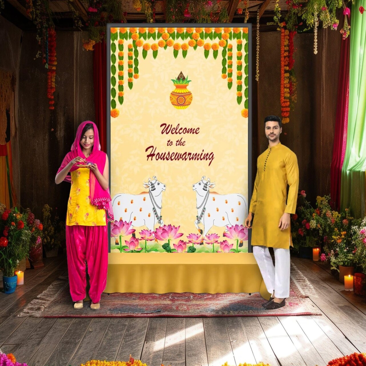 Housewarming Backdrop Indian Traditional Cloth 5x8 Feet Backdrop Pooja Wall Decor Indian Wall Art Photo Decor Banner Indian Indian Housewarming Favor Decorative Cloth